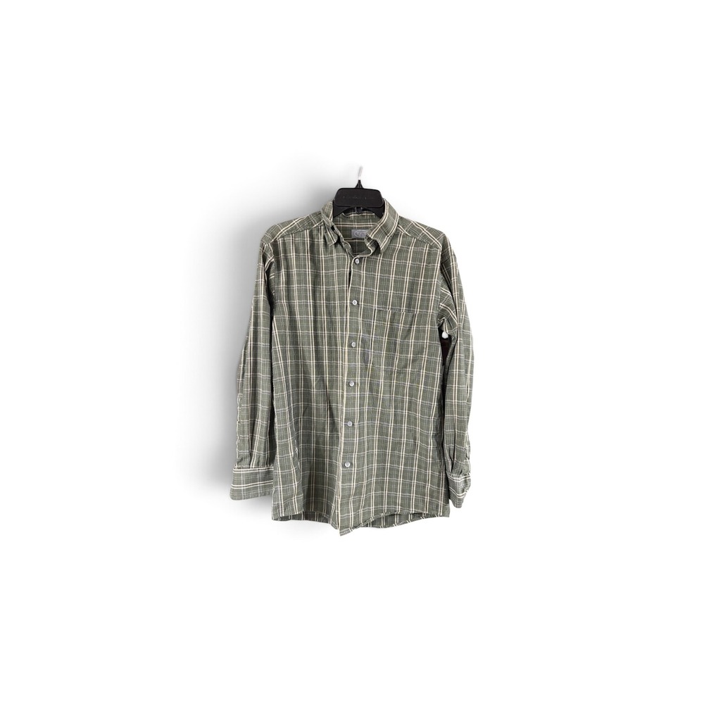Talbots Mens Small Button Down Shirt Olive Green Plaid Long Sleeve Twill Cotton